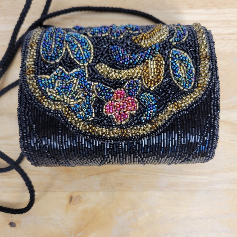 Sasha Handmade Beaded Evening Bag‎ Black Floral Crossbody Vintage Boho